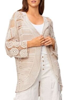 XCVI Taupe Cotton Crochet Lace Open Front Cardigan Kimono One Size